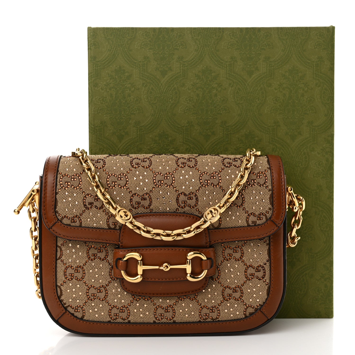 Gucci New Canvas Charisma Calfskin Crystal GG Monogram Mini Horsebit 1955 Shoulder Bag Camel Ebony 14 of 14