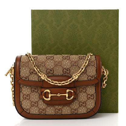 Gucci New Canvas Charisma Calfskin Crystal GG Monogram Mini Horsebit 1955 Shoulder Bag Camel Ebony 14 of 14
