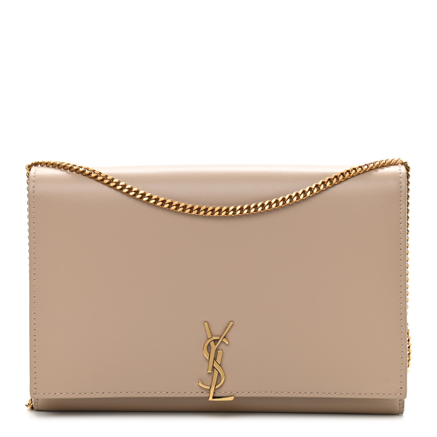 Saint Laurent Glossy Calfskin Monogram Chain Wallet Dark Beige 1 of 9
