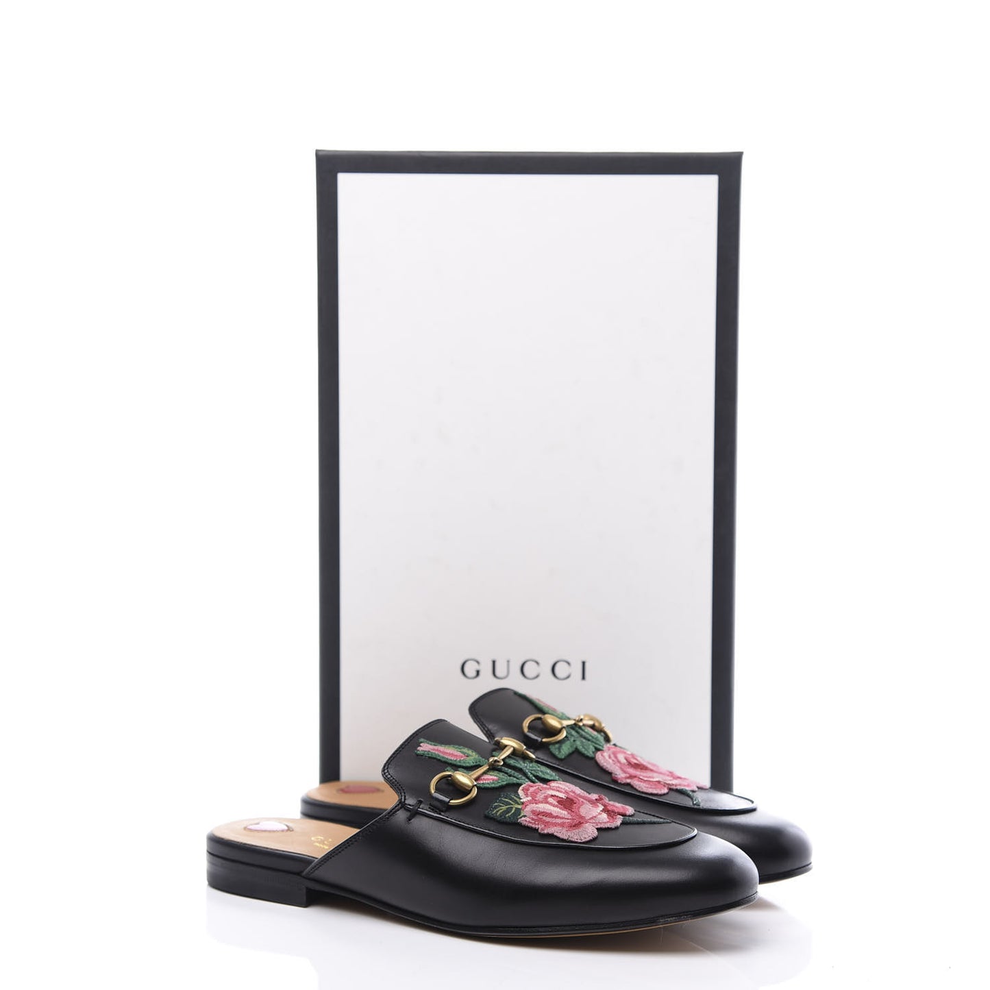 Calfskin Flower Embroidered Womens Princetown Slippers 38 Black