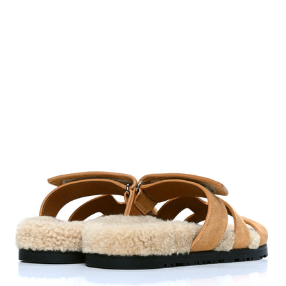 Hermes Suede Goatskin Woolskin Womens Chypre Sandals 36.5 Golden Beige 3 of 4