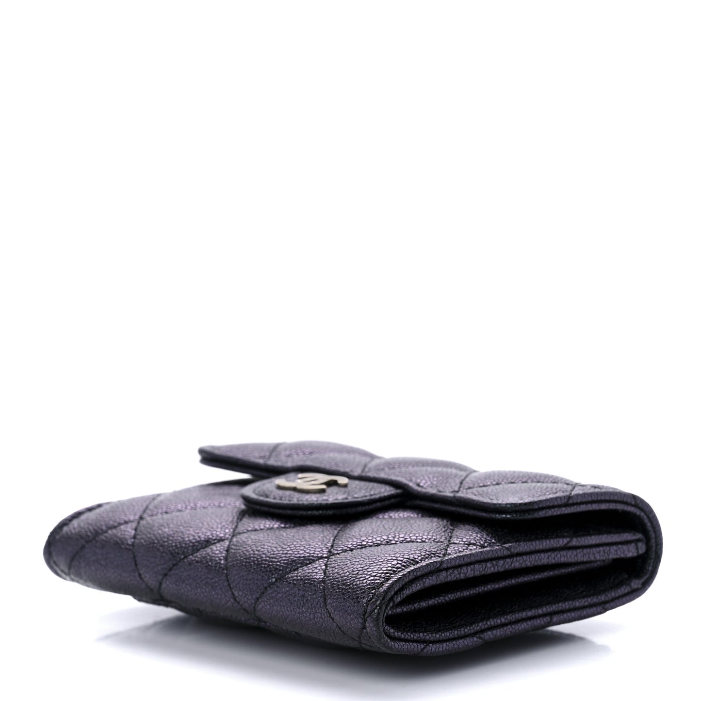 Iridescent Caviar Quilted Flap Card Holder Wallet Black