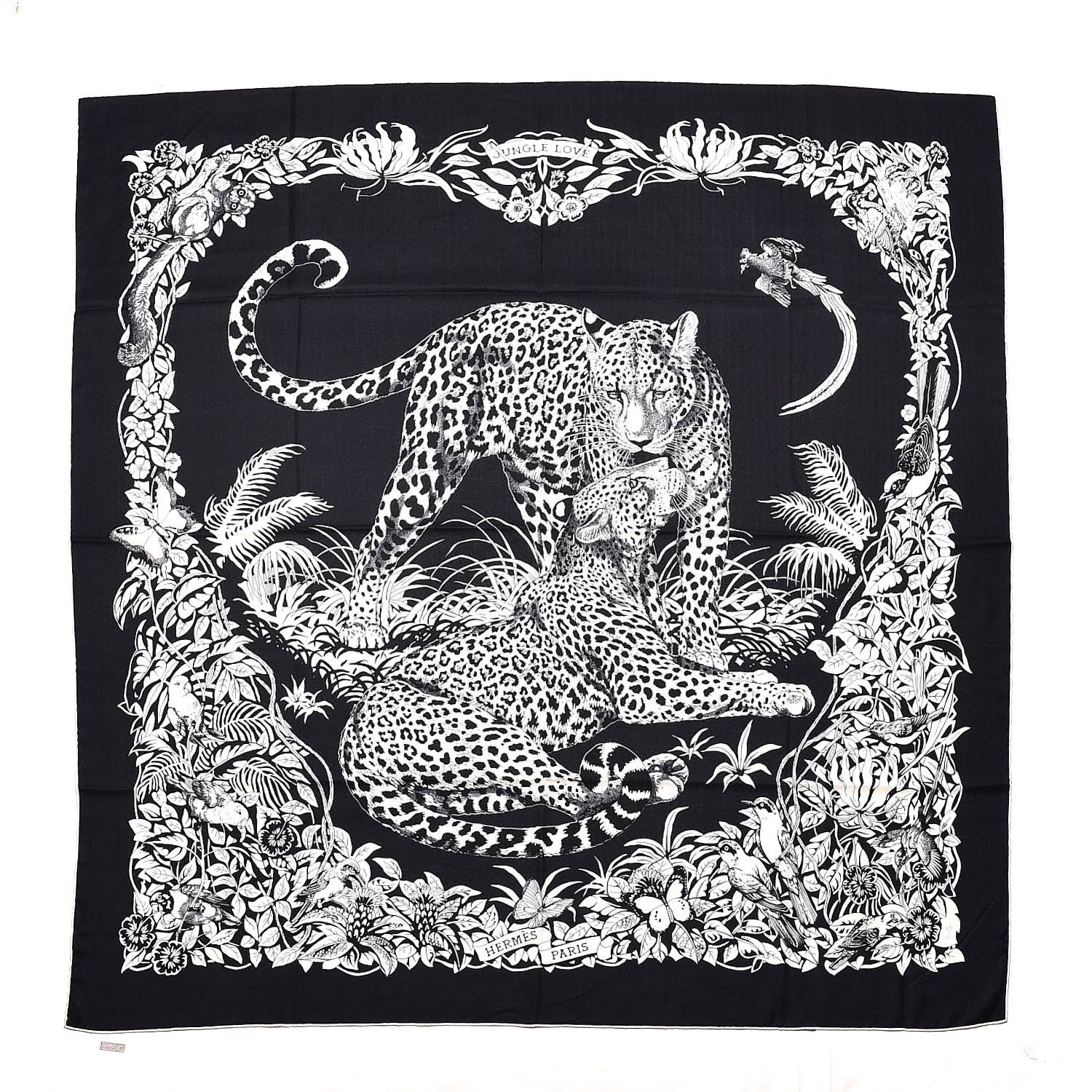 Hermes Cashmere Silk Jungle Love Tattoo Shawl 140 Bleu Black White 1 of 5