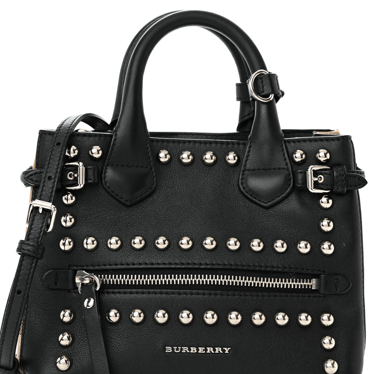 Pebbled Calfskin House Check Studded Baby Banner Tote Black