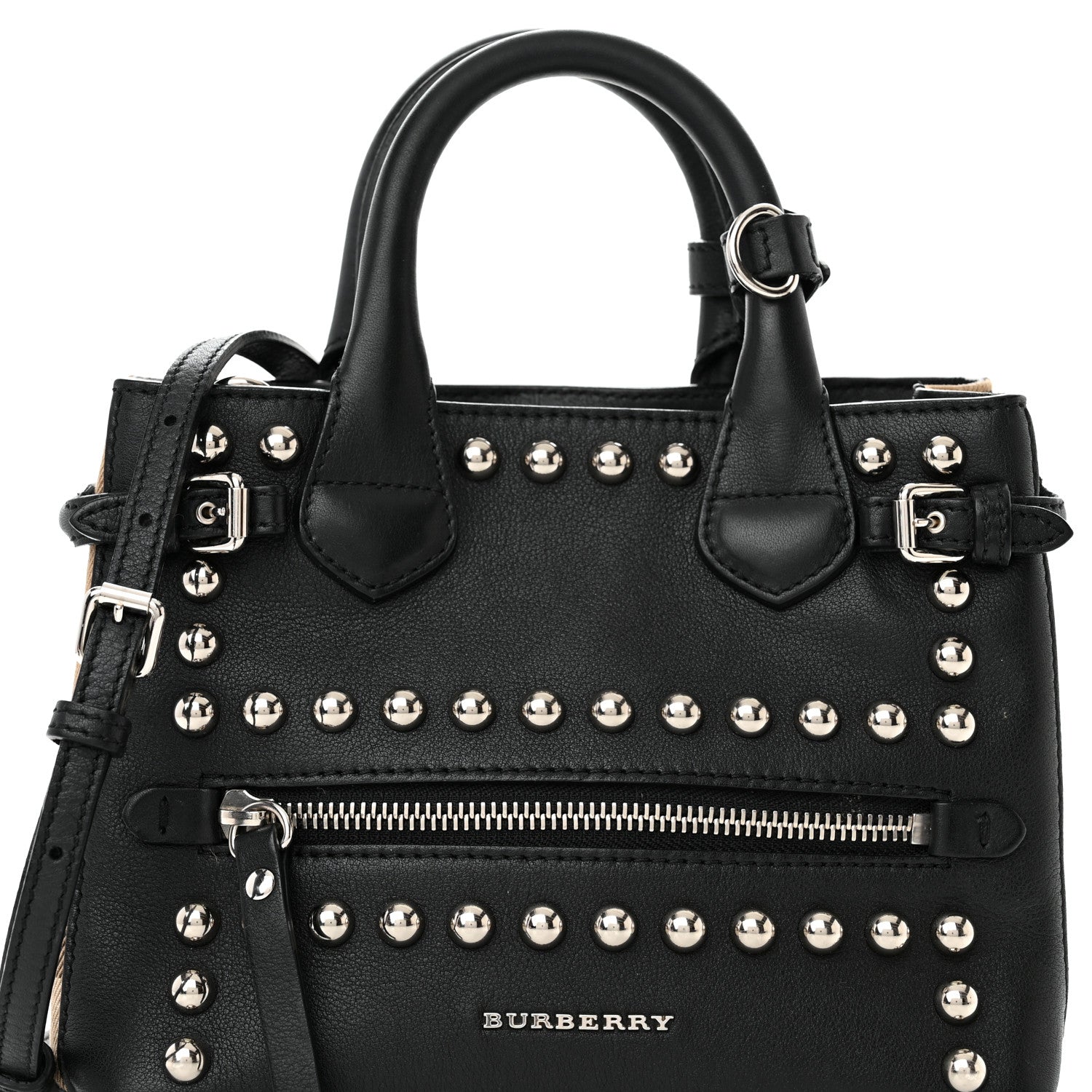 Burberry Pebbled Calfskin House Check Studded Baby Banner Tote Black 8 of 15