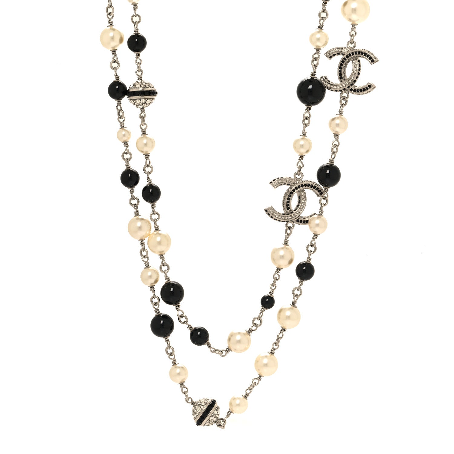Chanel Metal Pearl Crystal Bead CC Long Necklace Silver Black 2 of 4