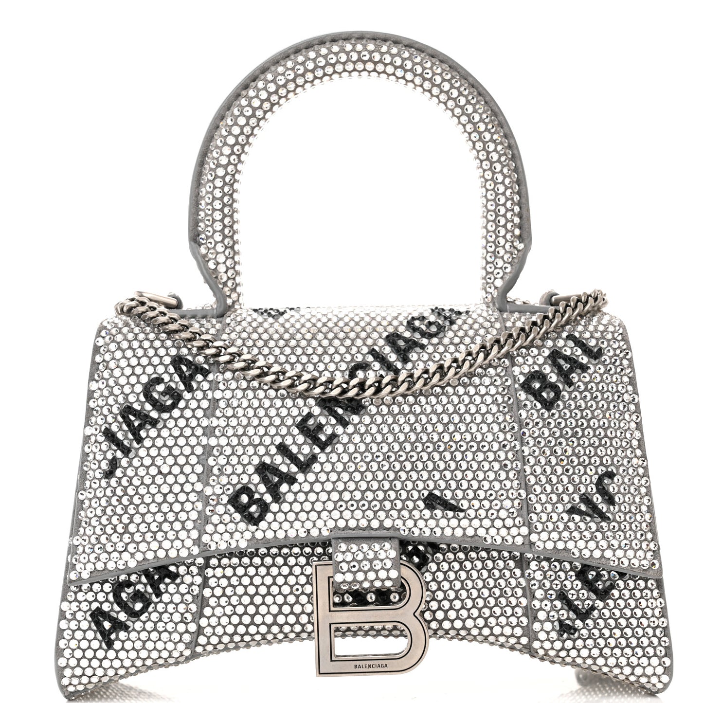 Strass Suede Allover Logo Hourglass Top Handle Bag XS with Chain Silver Black