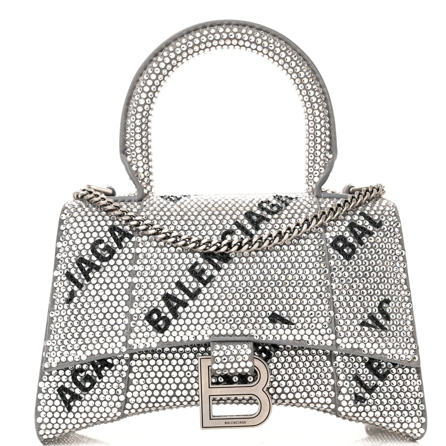 Balenciaga Strass Suede Allover Logo Hourglass Top Handle Bag XS with Chain Silver Black 7 of 12