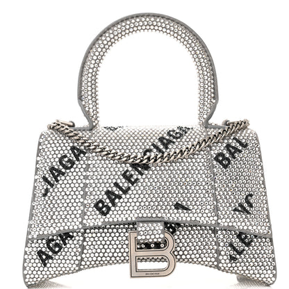 Balenciaga Strass Suede Allover Logo Hourglass Top Handle Bag XS with Chain Silver Black 7 of 12