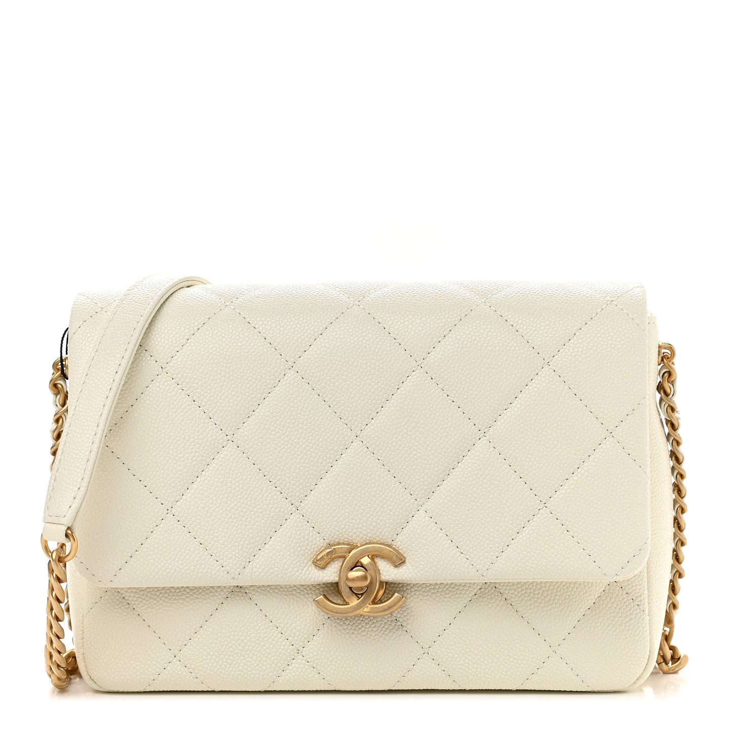 Shiny Caviar Quilted Small Chain Melody Flap White