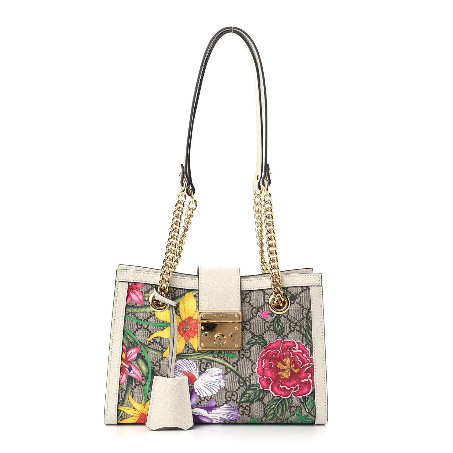 GG Supreme Monogram Flora Textured Calfskin Small Padlock Tote Beige Ebony Multicolor Mystic White