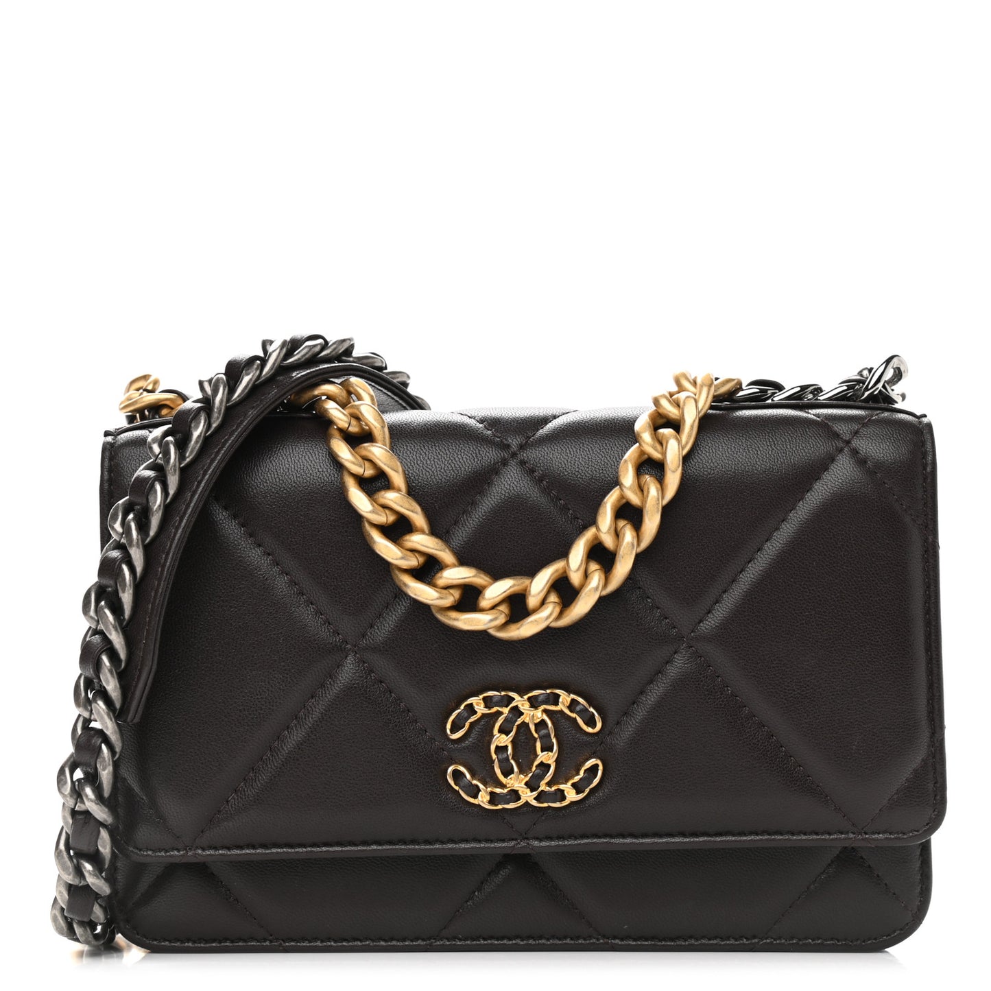 Lambskin Quilted Chanel 19 Wallet On Chain WOC Dark Brown