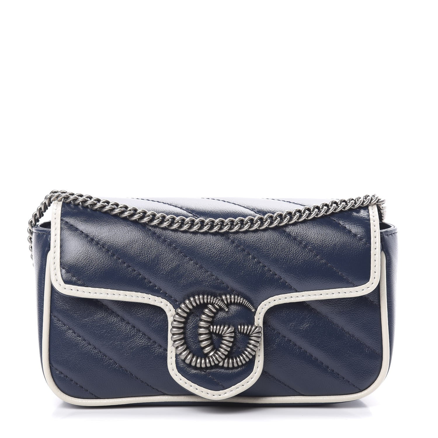 Gucci Vintage Effect Calfskin Matelasse Diagonal Super Mini Torchon GG Marmont Shoulder Bag Blue Agata Mystic White 1 of 11