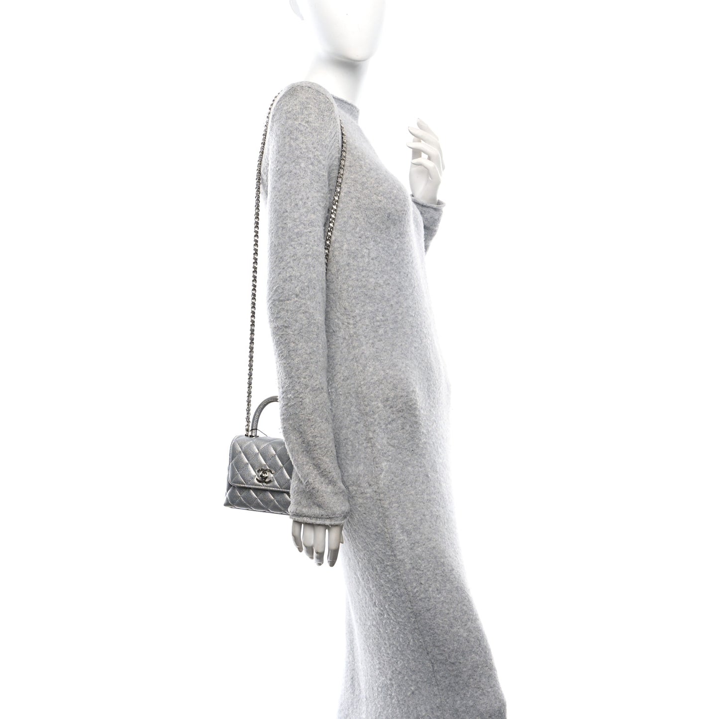 Metallic Caviar Quilted Coco Handle Clutch With Chain Silver