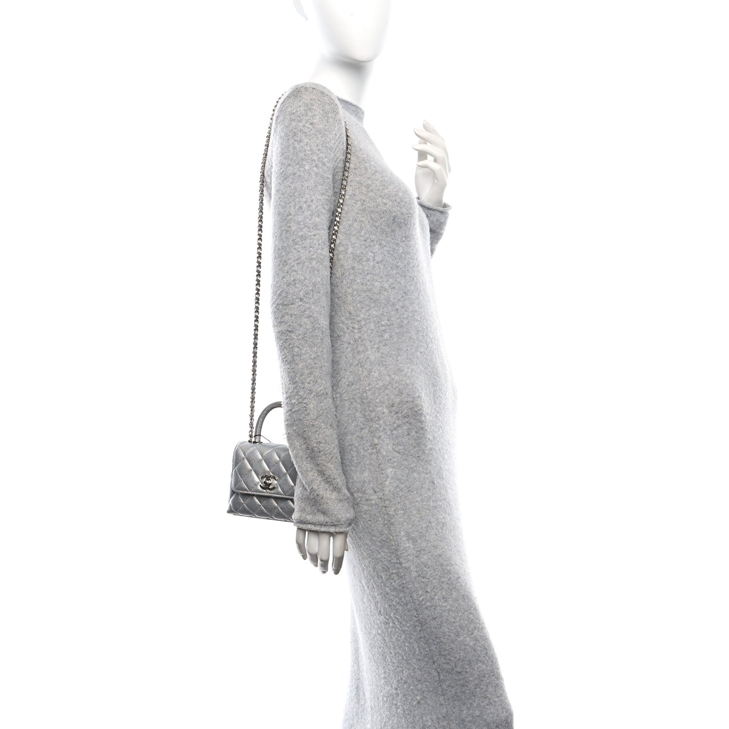 Chanel Metallic Caviar Quilted Coco Handle Clutch With Chain Silver 2 of 11