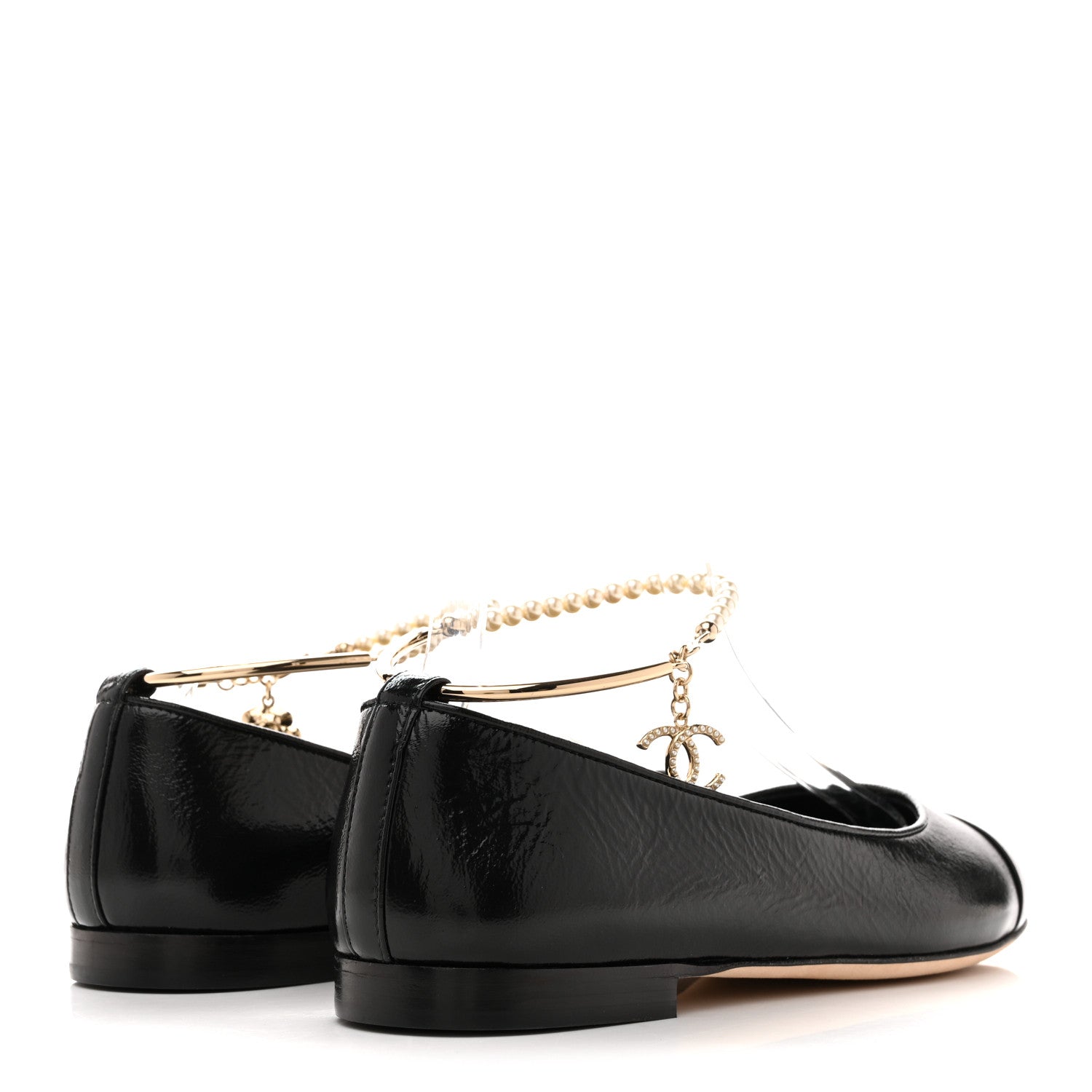 Chanel Shiny Lambskin Pearl Cap Toe Ankle Chain Ballerina Flats 39