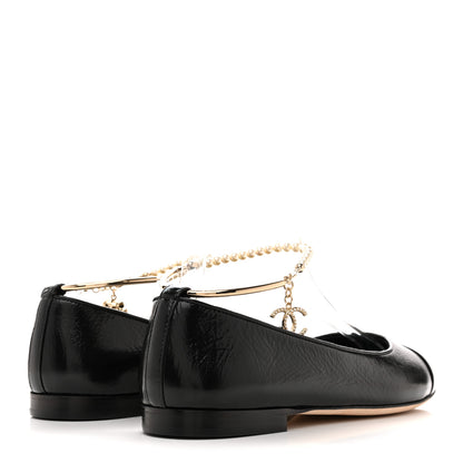 Chanel Shiny Lambskin Pearl Cap Toe Ankle Chain Ballerina Flats 39 Black 5 of 10