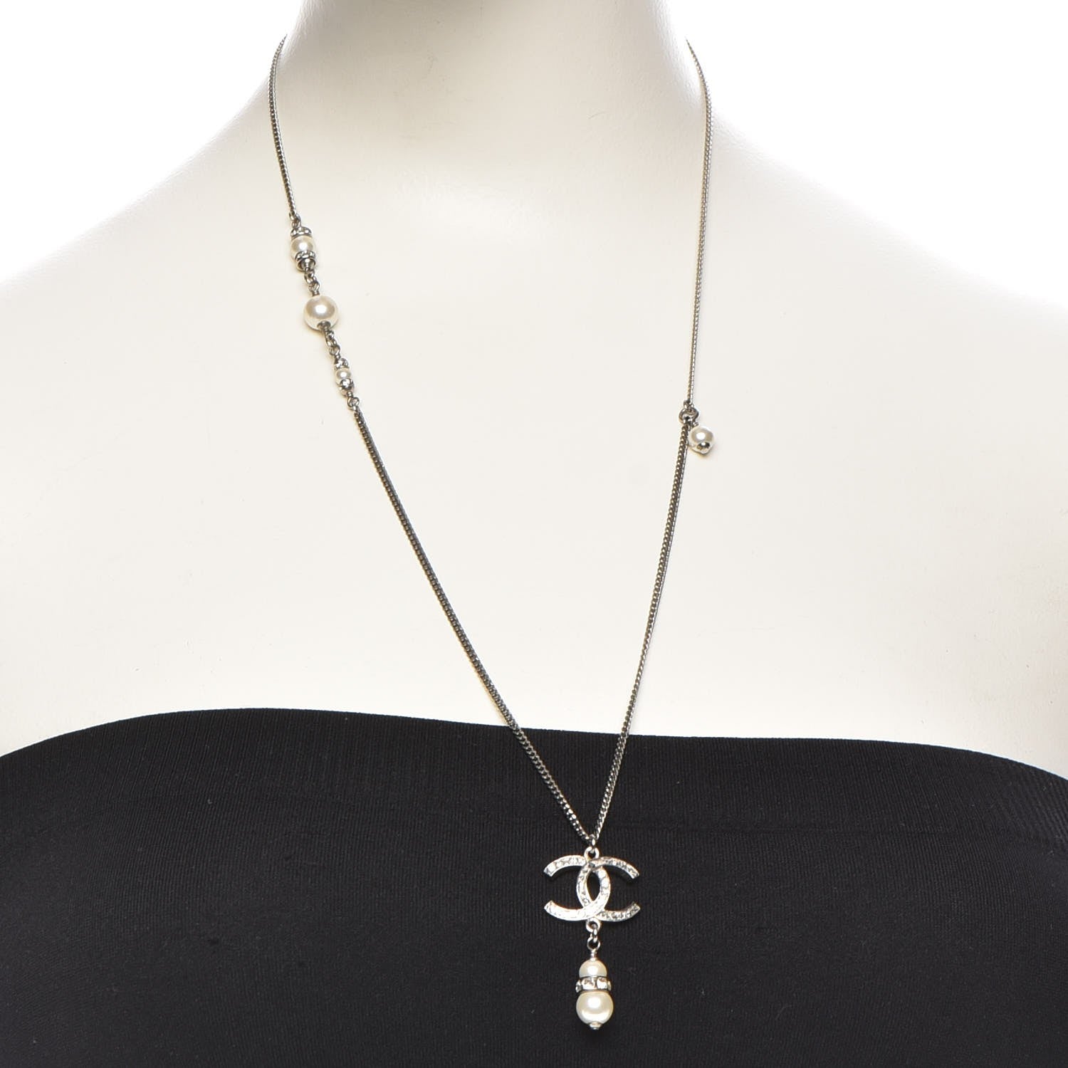 Chanel Pearl Crystal CC Necklace Silver 2 of 9