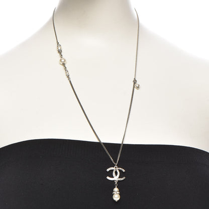 Chanel Pearl Crystal CC Necklace Silver 2 of 9