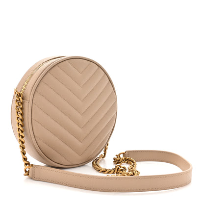 Saint Laurent Grain De Poudre Matelasse Chevron Quilted Round Vinyle Camera Bag Dark Beige 3 of 12