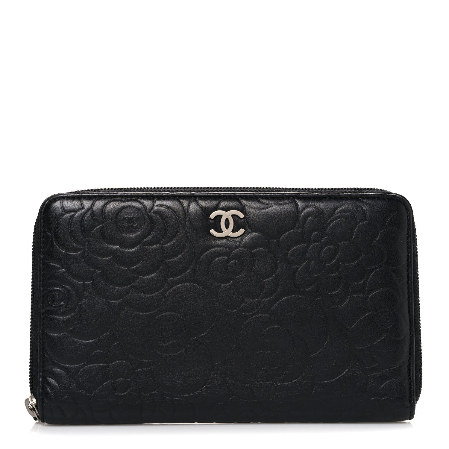 Chanel Lambskin Camellia Embossed Zip Around Organizer Wallet Black 1 of 9