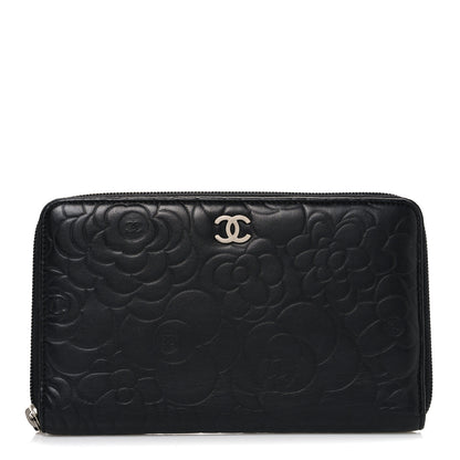Chanel Lambskin Camellia Embossed Zip Around Organizer Wallet Black 1 of 9