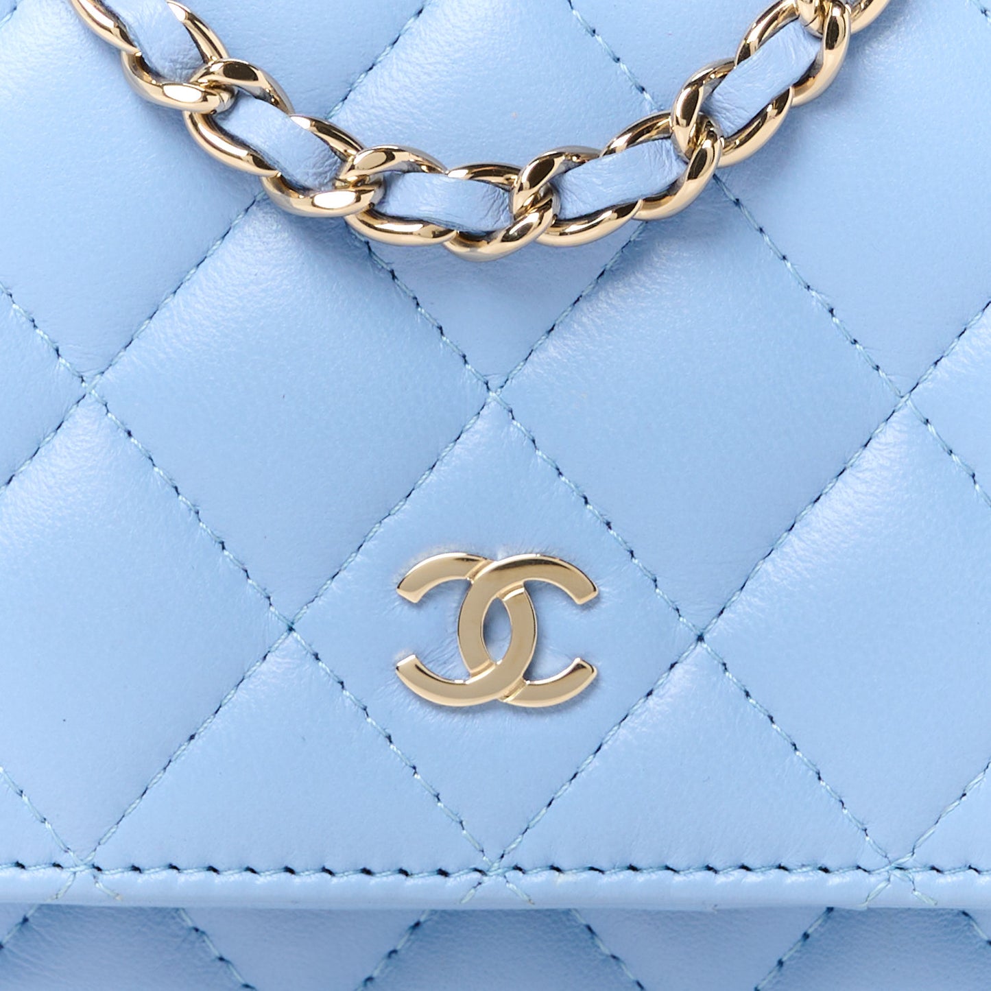 Lambskin Quilted Mini Wallet On Chain WOC Light Blue