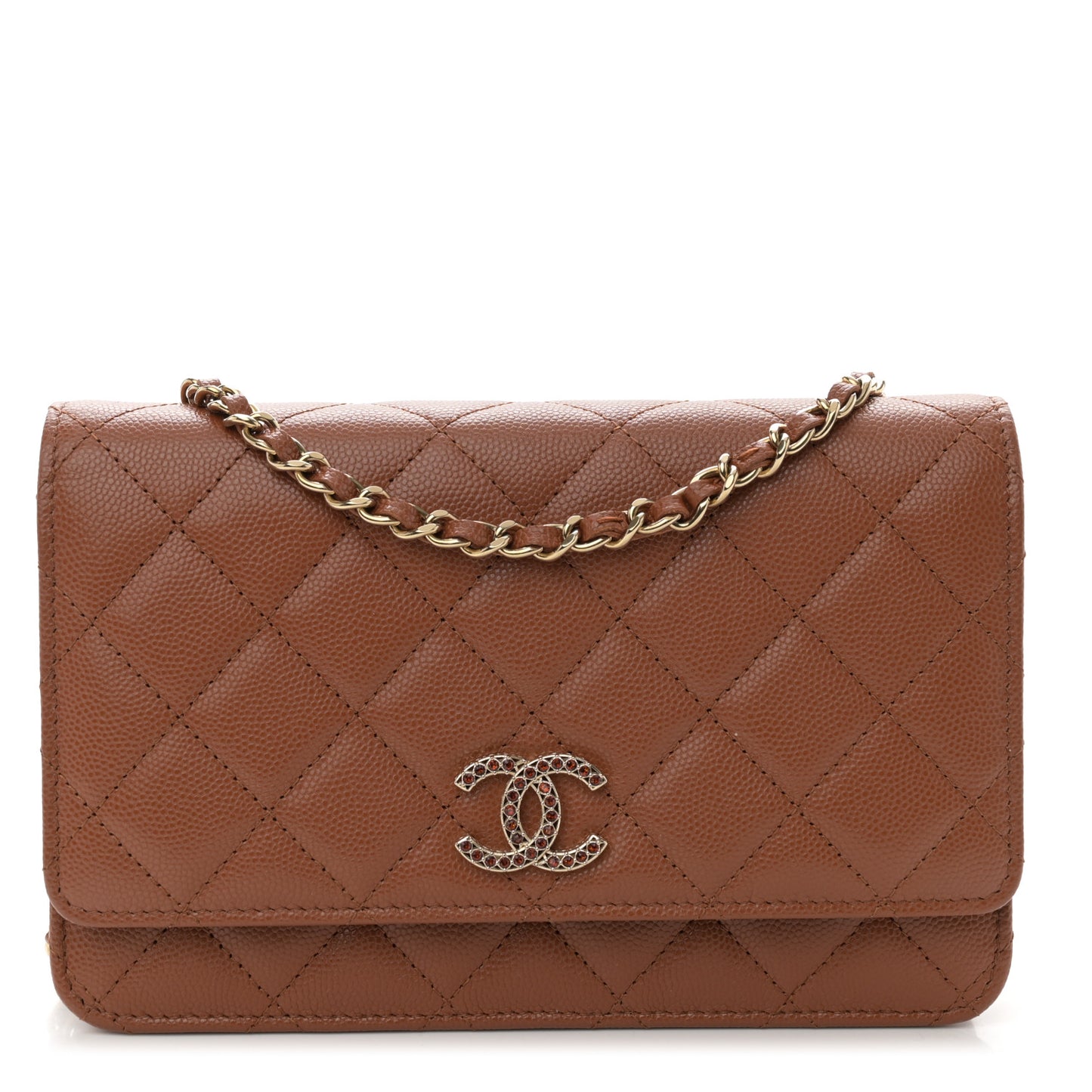 Shiny Caviar Quilted Strass Wallet On Chain WOC Light Brown