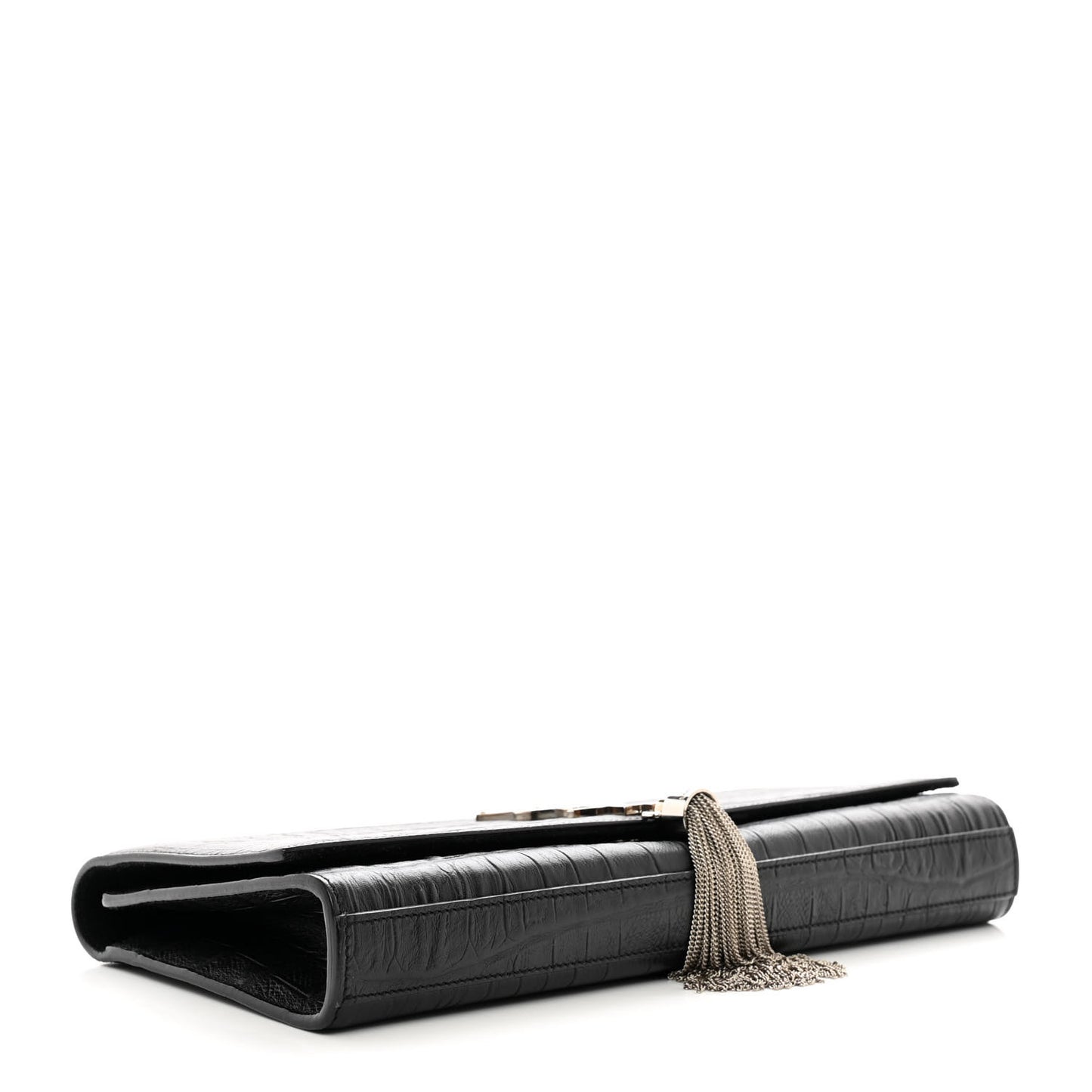 Calfskin Crocodile Embossed Classic Monogram Tassel Clutch Black