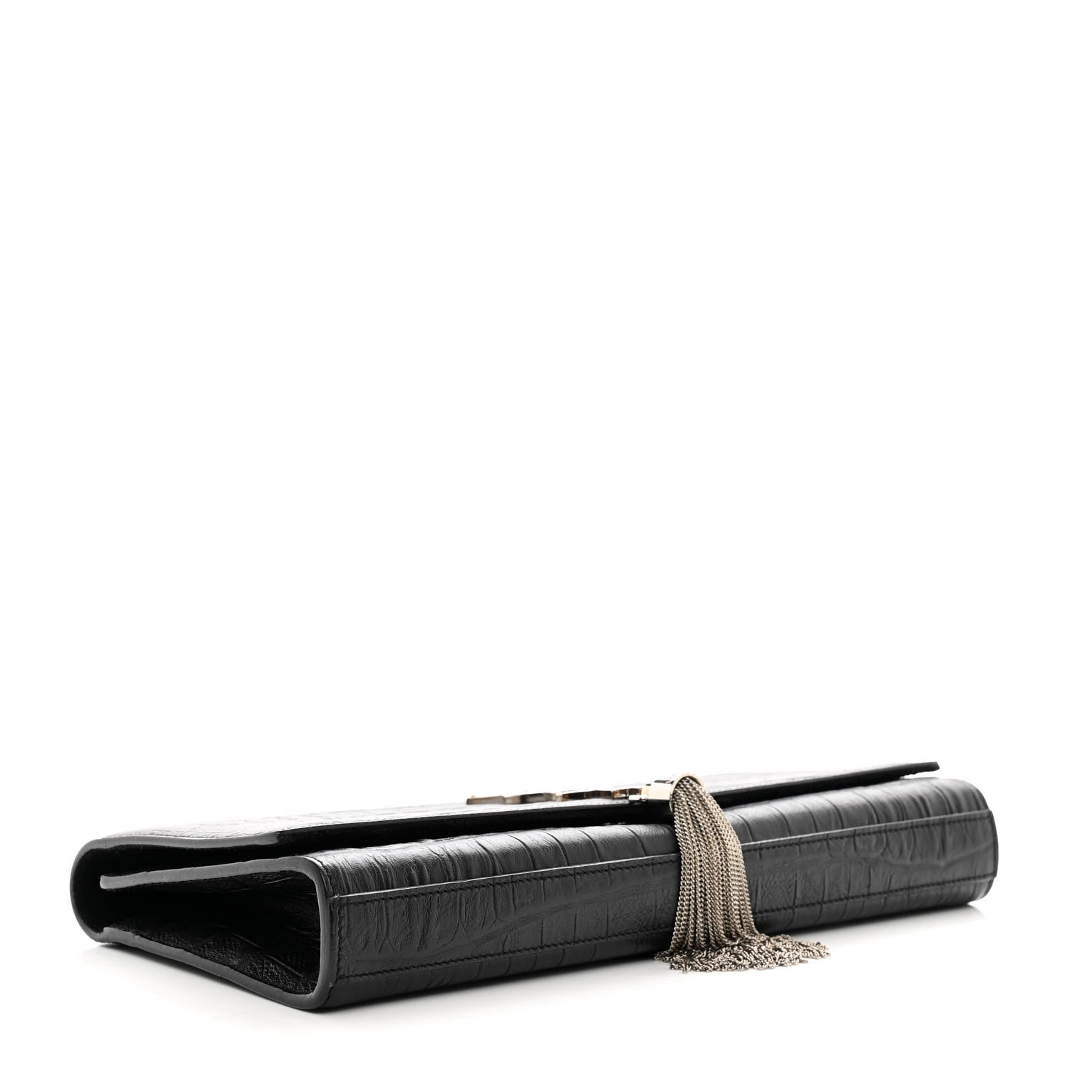 Saint Laurent Calfskin Crocodile Embossed Classic Monogram Tassel Clutch Black 4 of 10