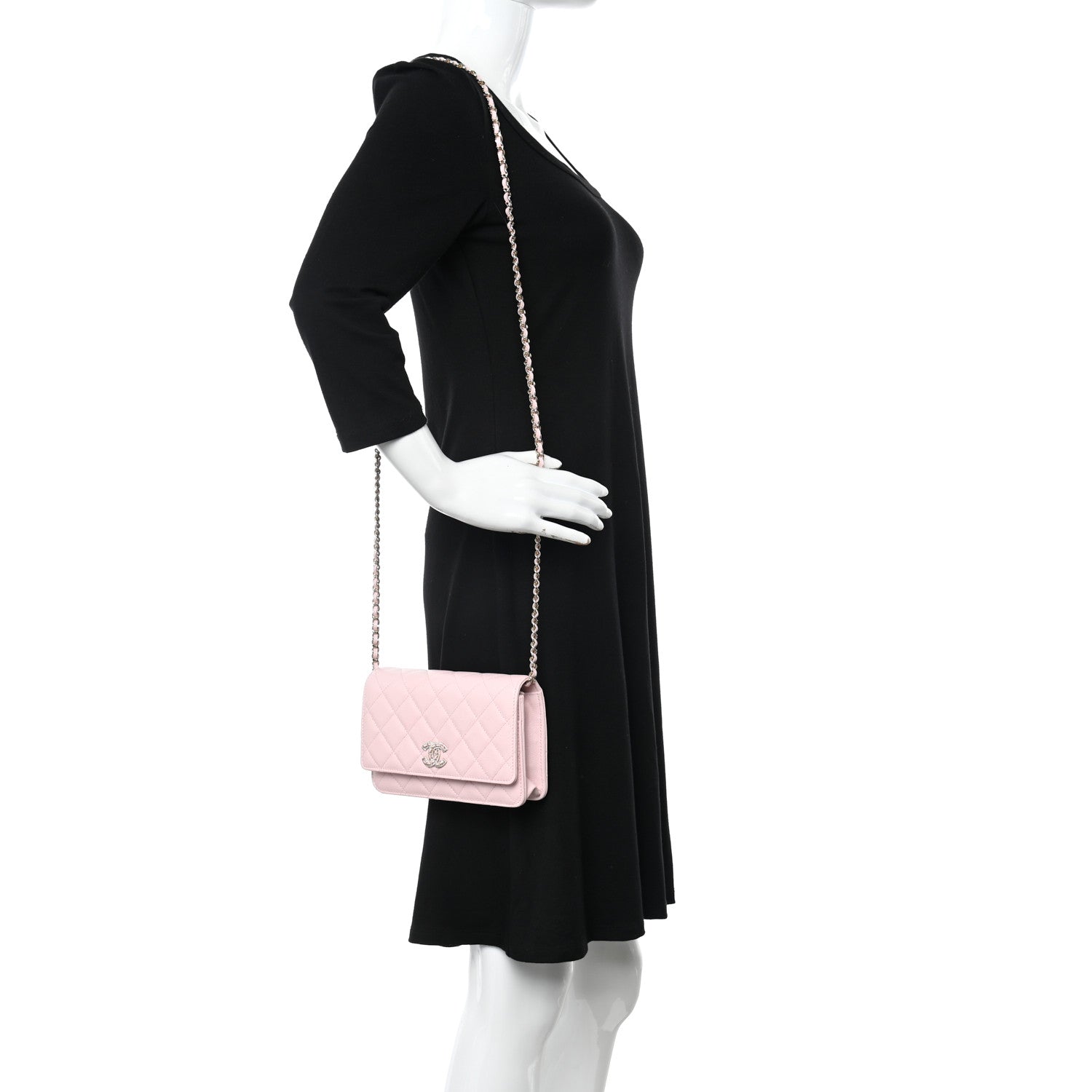 Chanel Caviar Quilted Crystal CC Wallet On Chain WOC Light Pink 2 of 11