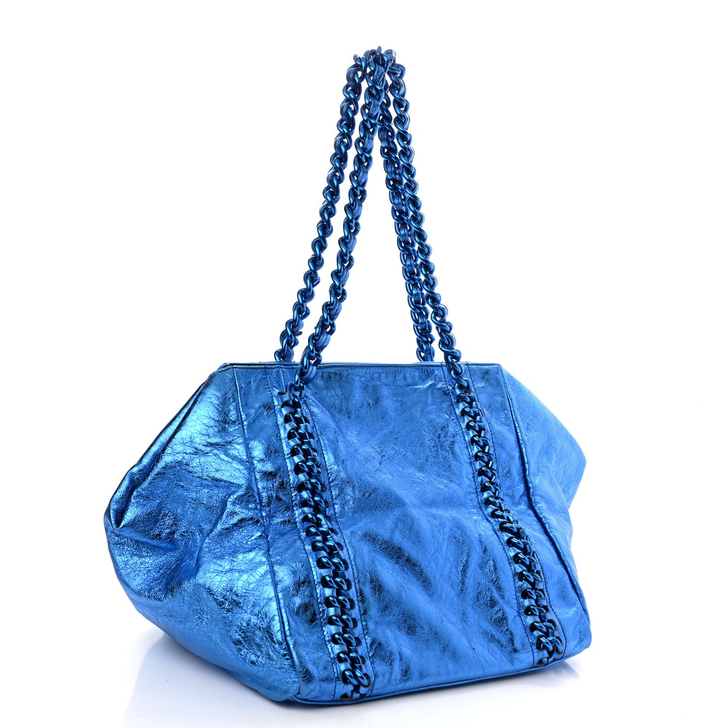 Metallic Cracked Calfskin Modern Chain Tote Blue