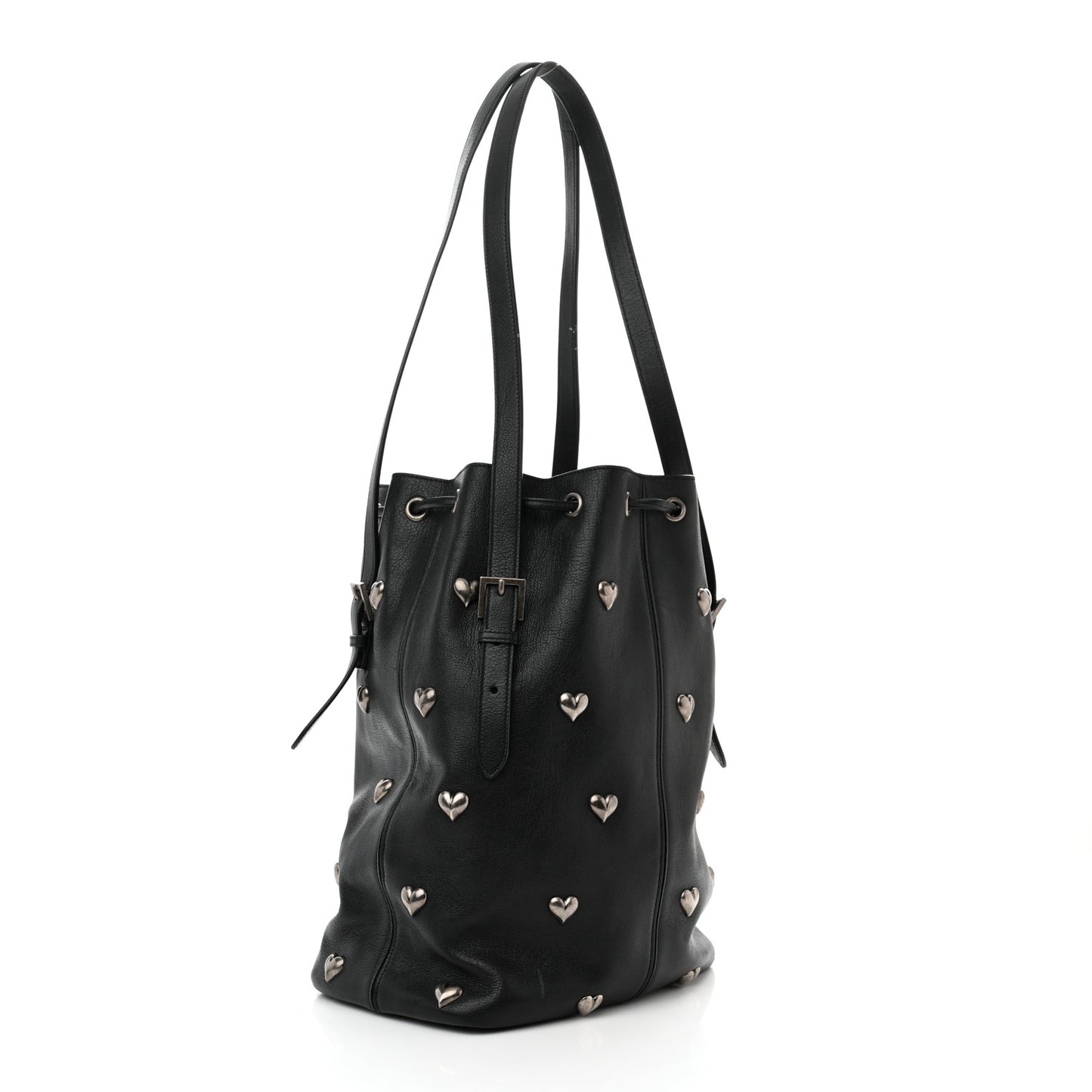 Lambskin Medium Heart Studded Riva Bucket Bag Black