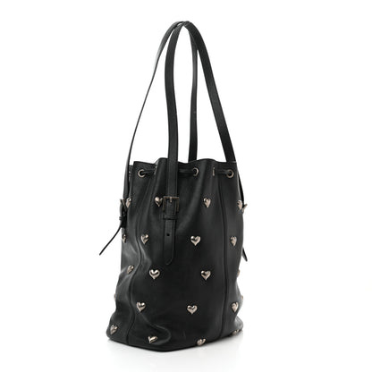 Saint Laurent Lambskin Medium Heart Studded Riva Bucket Bag Black 4 of 11