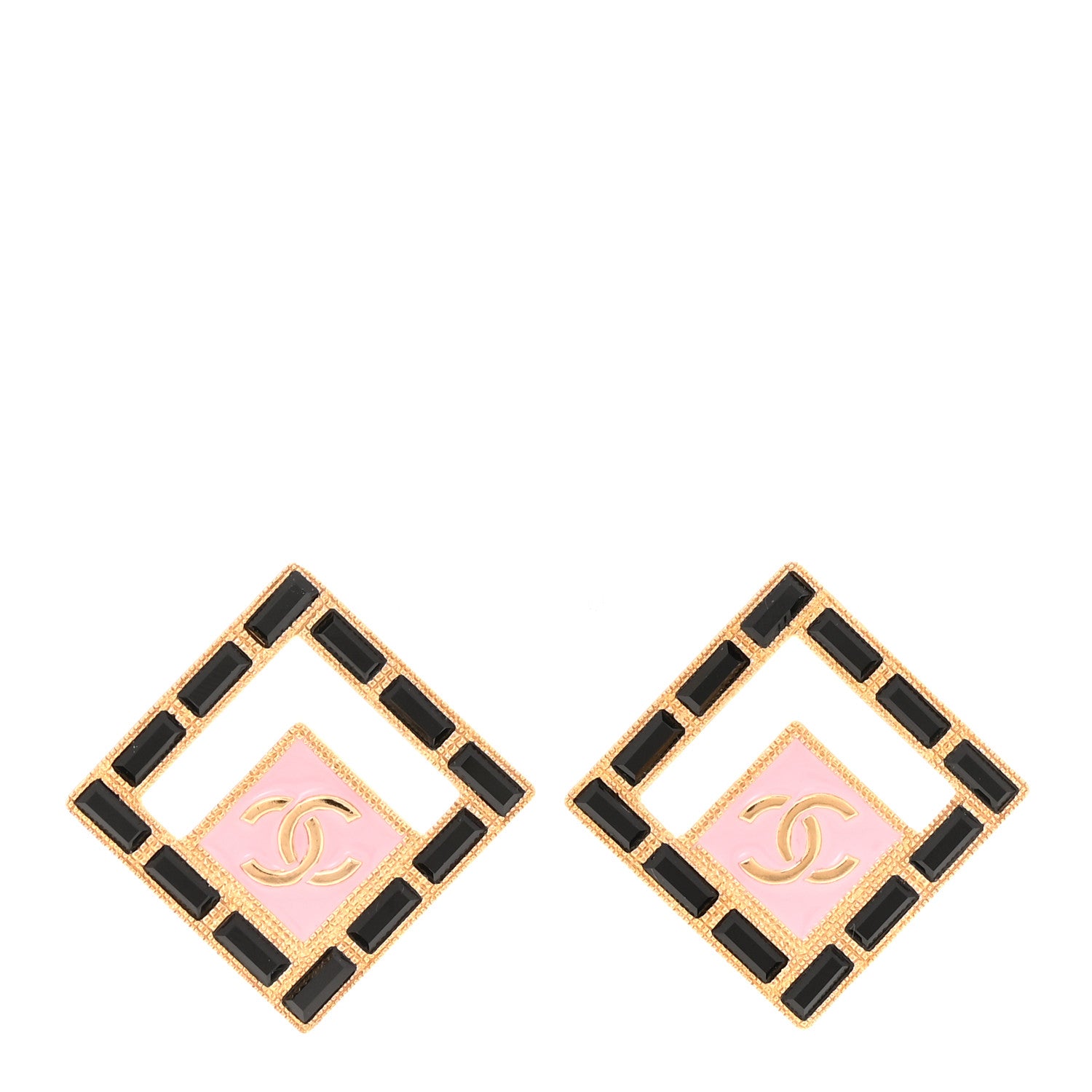 Chanel Metal Resin Crystal CC Large Square Earrings Gold Black Pink 1 of 5