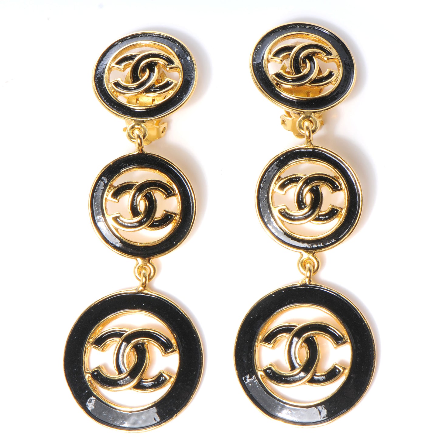 Enamel CC Clip On Earrings Black and Gold