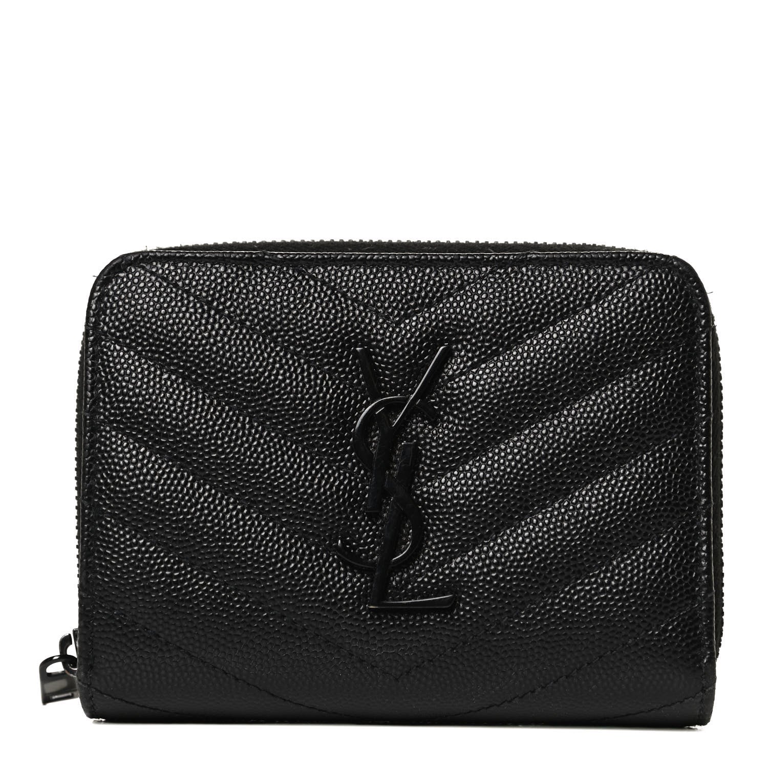 Saint Laurent Grain De Poudre Matelasse Chevron Monogram Monochrome Compact Zip Around Wallet Black 1 of 13