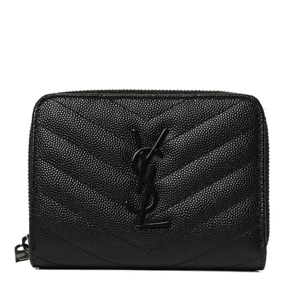 Saint Laurent Grain De Poudre Matelasse Chevron Monogram Monochrome Compact Zip Around Wallet Black 1 of 13