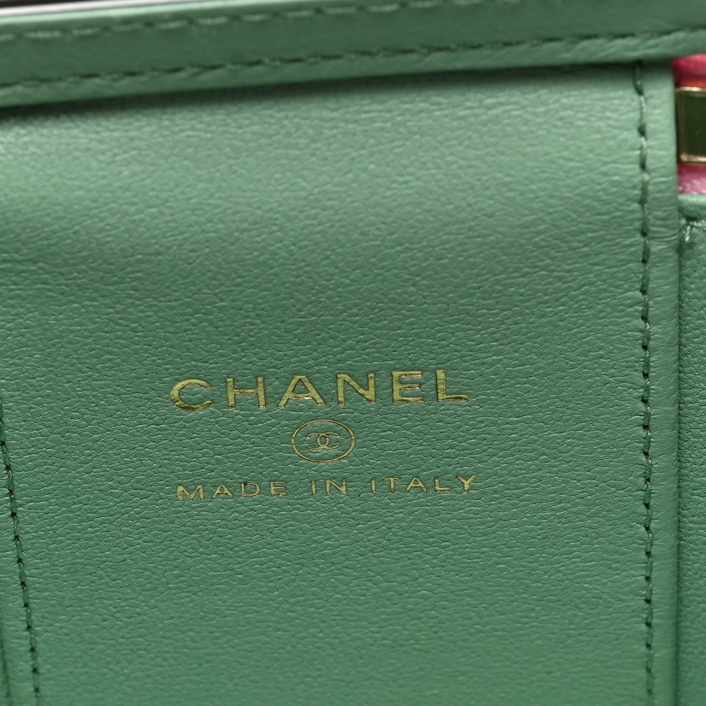 Lambskin Quilted Top Handle Mini Vanity Case With Chain Pink Green