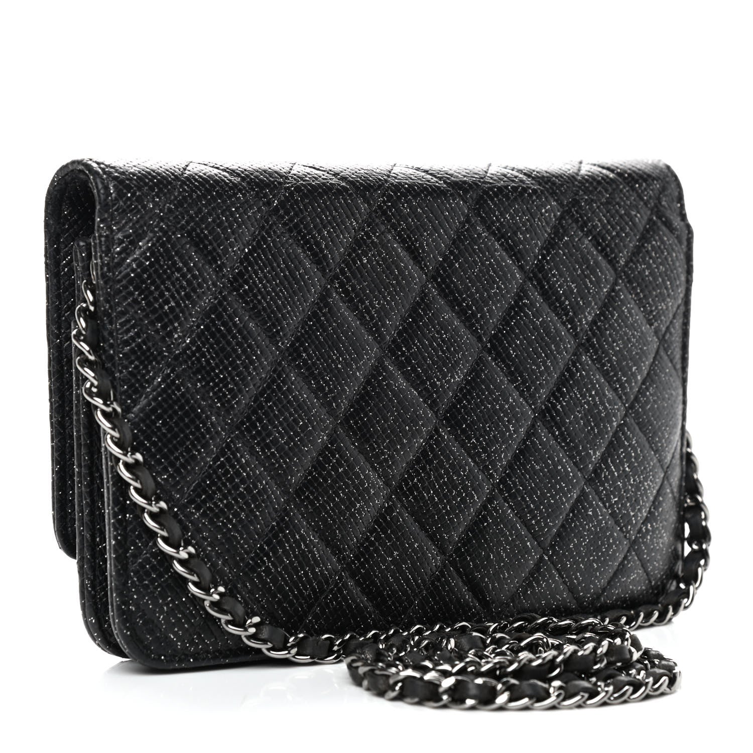 Chanel Glitter Calfskin Quilted Wallet on Chain WOC Black Silver 3 of 10