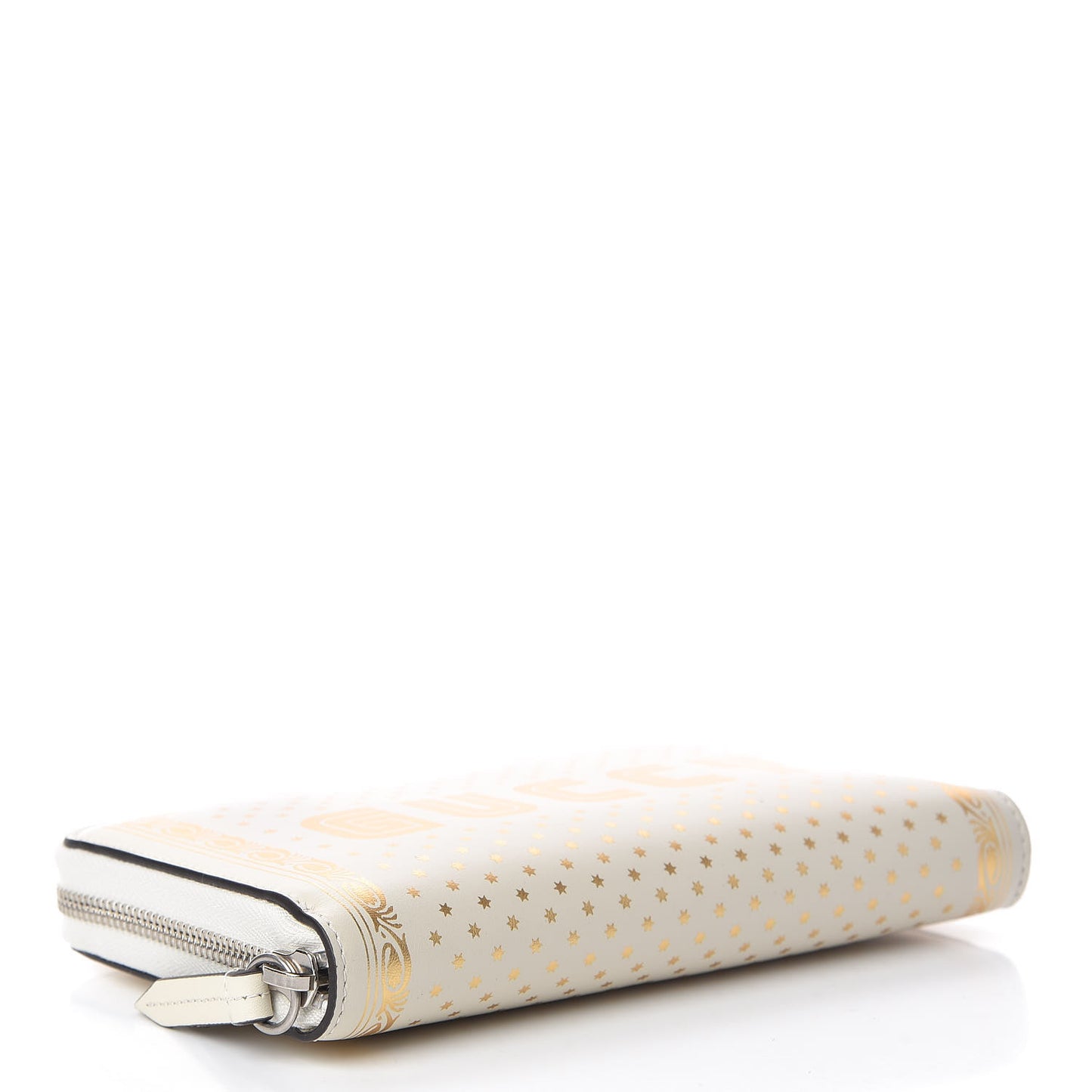 X SEGA Calfskin GUCCY Stars Zip Around Wallet Mystic White Gold