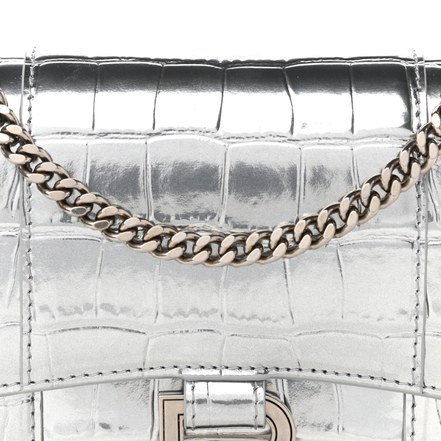 Metallic Calfskin Crocodile Embossed Hourglass Chain Bag Silver