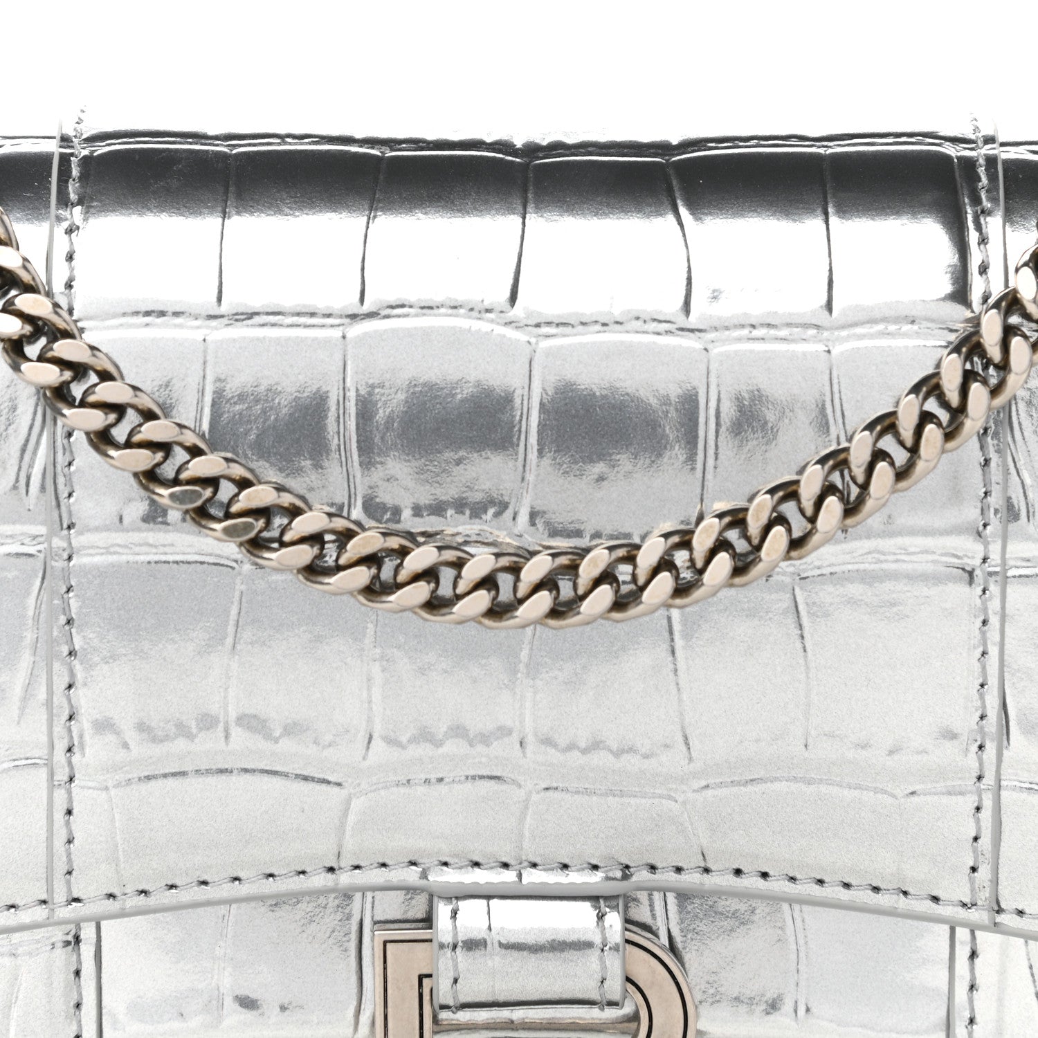 Balenciaga Metallic Calfskin Crocodile Embossed Hourglass Chain Bag Silver 8 of 11