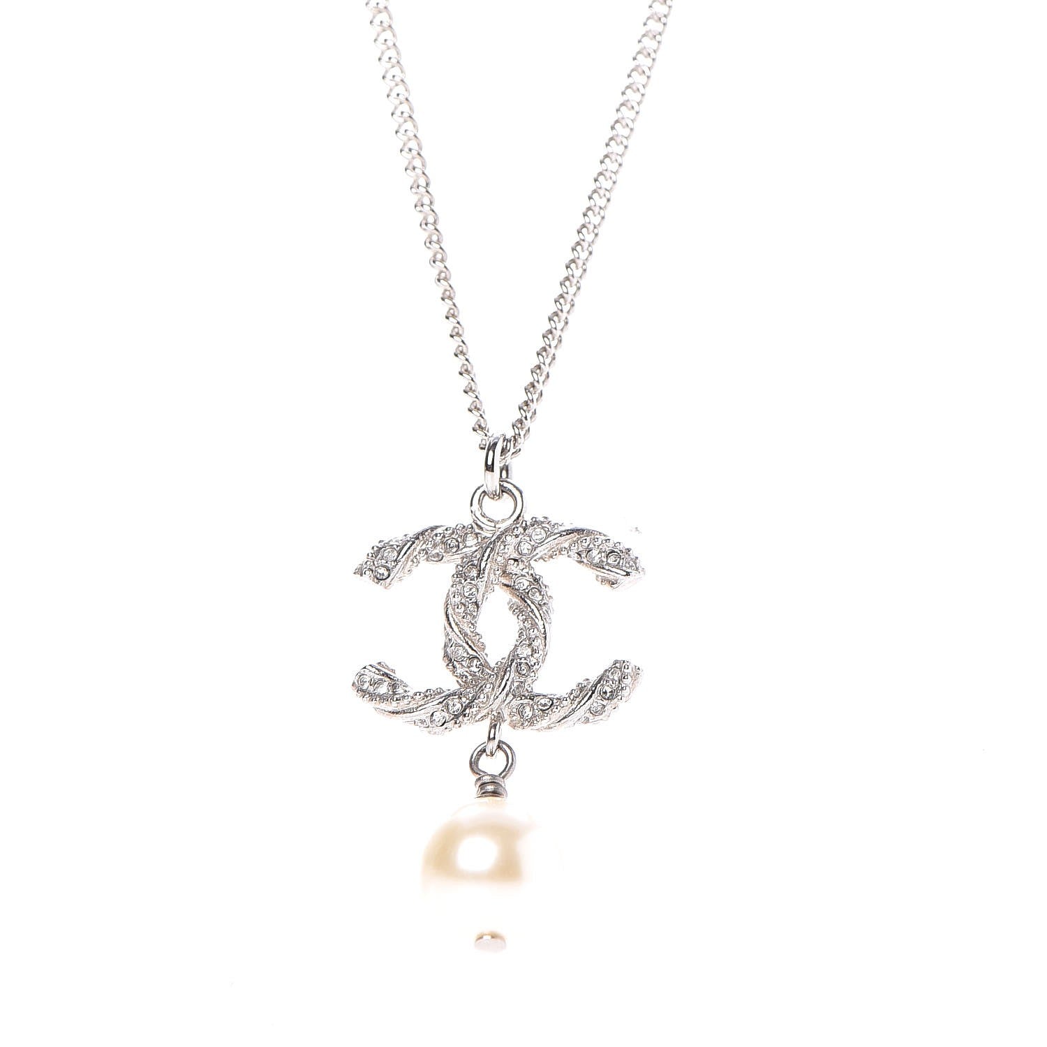 Chanel Pearl Crystal Twisted CC Necklace Silver 5 of 6