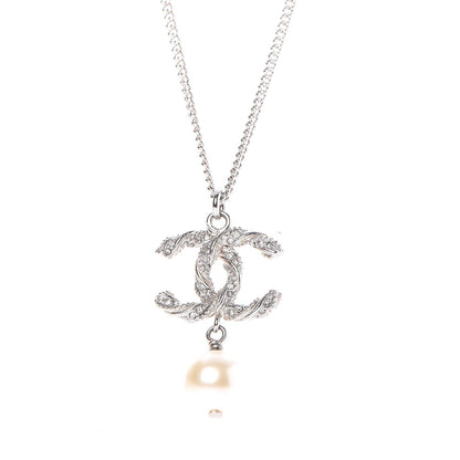 Chanel Pearl Crystal Twisted CC Necklace Silver 5 of 6