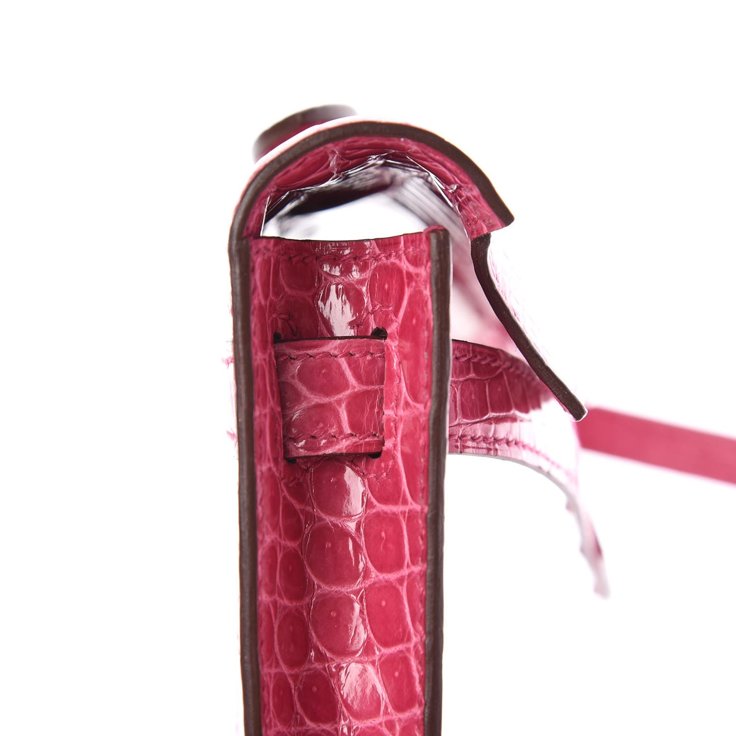 Shiny Porosus Crocodile 18K White Gold Diamond Kelly Cut Pochette Rose Tyrien