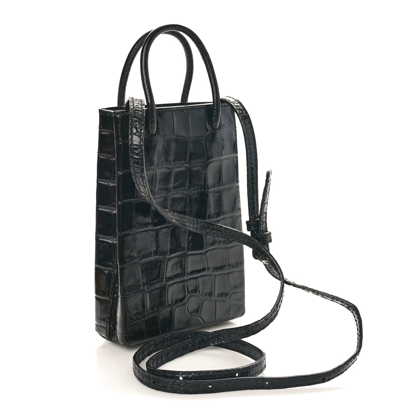 Calfskin Crocodile Embossed Logo Shopping Phone Holder Bag Black