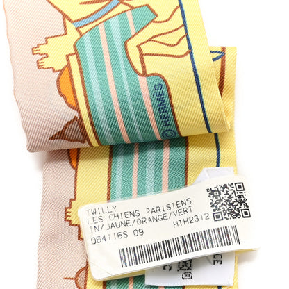 Hermes Silk Les Chiens Parisiens Twilly Jaune Orange Vert 3 of 3