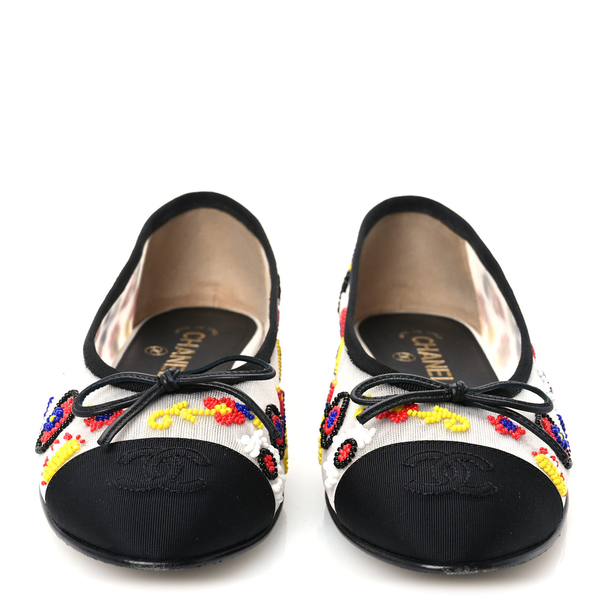 Chanel Mesh Pearl Grosgrain Cap Toe CC Coco Beach Ballerina Flats 39 Multicolor Black 3 of 9