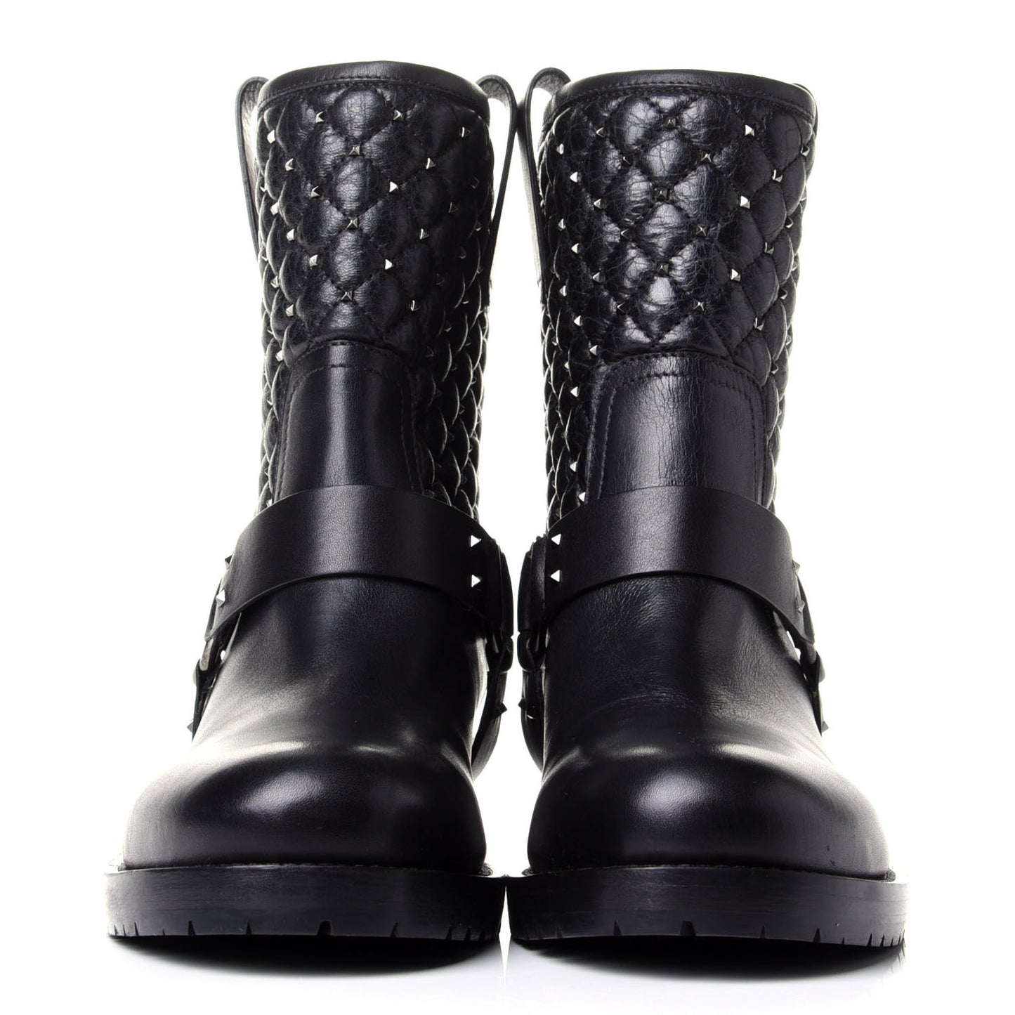 Calfskin Crackled Lambskin Rockstud Spike 20mm Biker Boots 38.5 Black